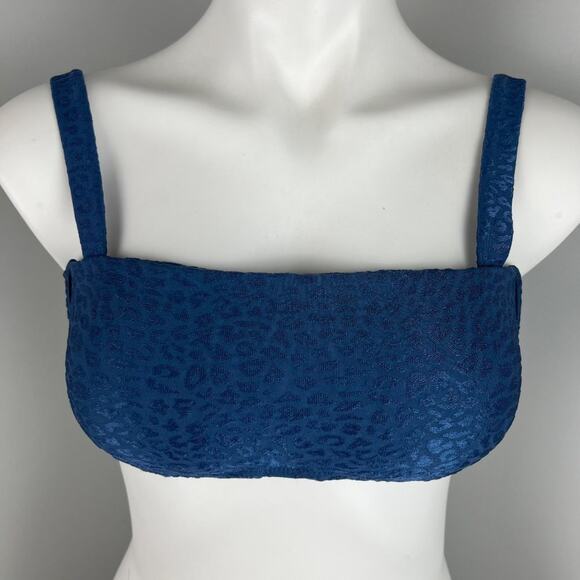 Bar III Satin Cheetah Bandeau Bikini Swim Top in French Navy XS - Picture 2 of 6
